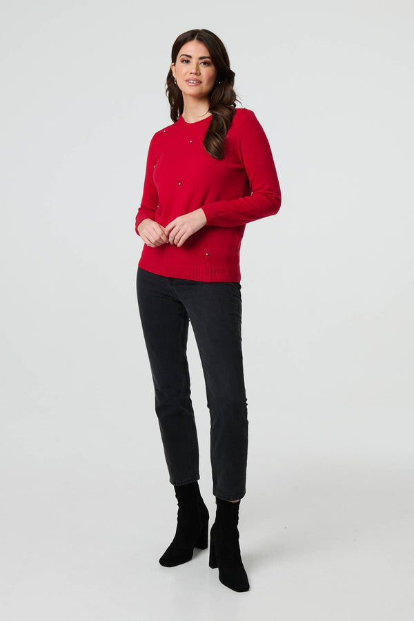 Red | Floral Gemstone Embellished Jumper
