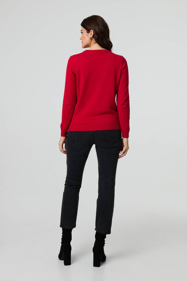 Red | Floral Gemstone Embellished Jumper
