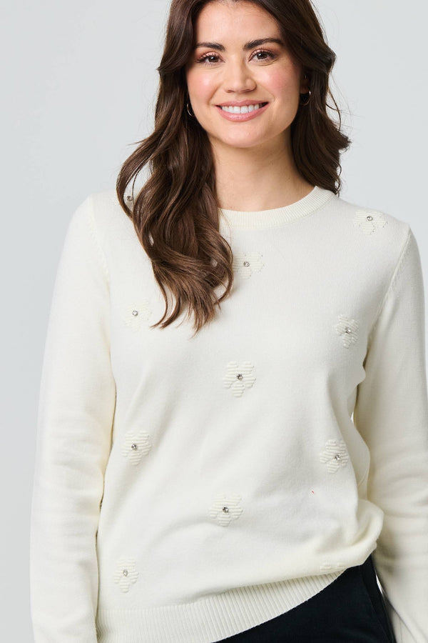 White | Floral Gemstone Embellished Jumper
