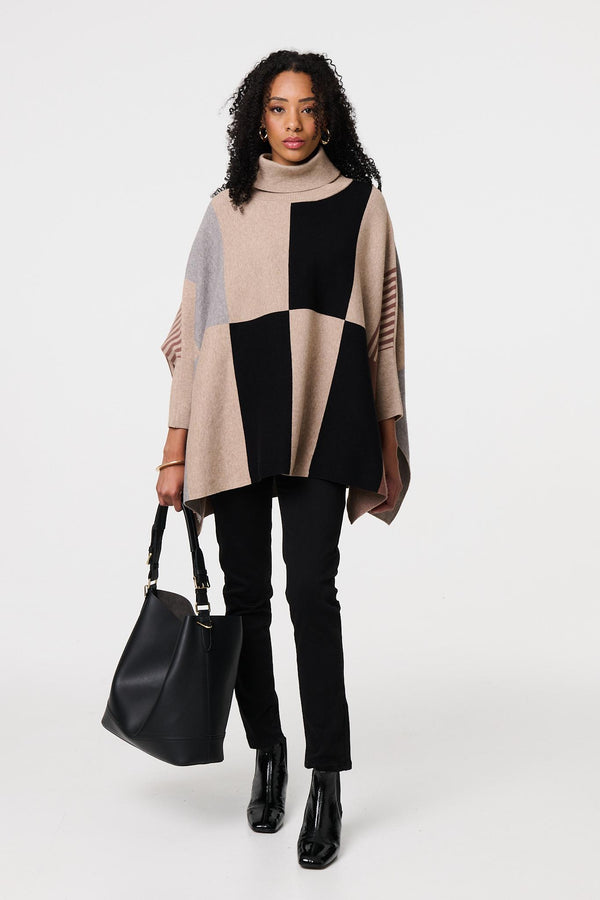 Beige | Colour Block Roll Neck Knitted Poncho
