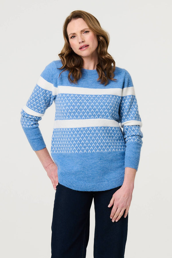 Blue | Stripe Print Relaxed Curve Hem Jumper : Model is 5'9"/175 cm and wears UK10/EU38/US6/AUS10