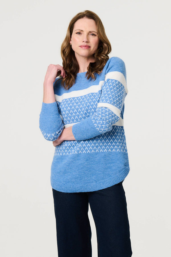 Blue | Stripe Print Relaxed Curve Hem Jumper