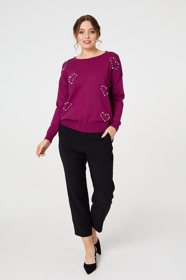 Purple | Heart Embellished Boat Neck Jumper
