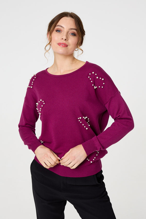 Purple | Heart Embellished Boat Neck Jumper
