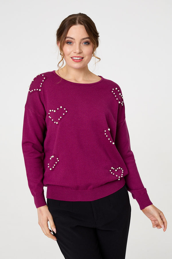 Purple | Heart Embellished Boat Neck Jumper
