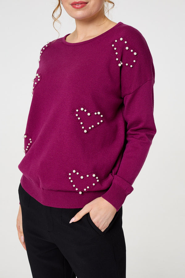 Purple | Heart Embellished Boat Neck Jumper
