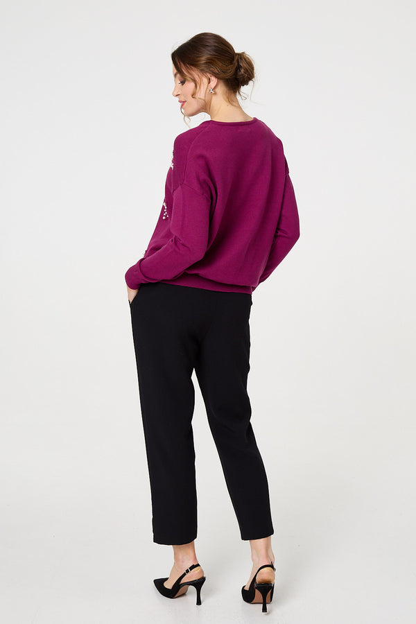 Purple | Heart Embellished Boat Neck Jumper
