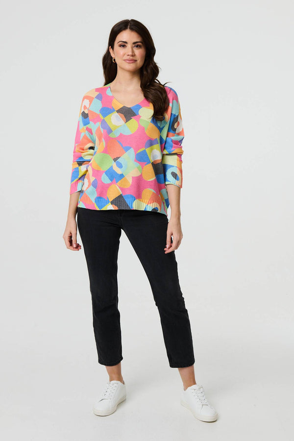 Pink | Abstract V-Neck Long Sleeve Knit Top
