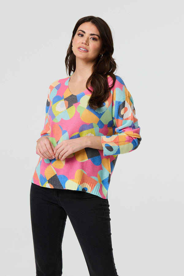 Pink | Abstract V-Neck Long Sleeve Knit Top
