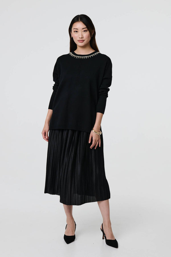 Black | Embellished Neck Relaxed Jumper
