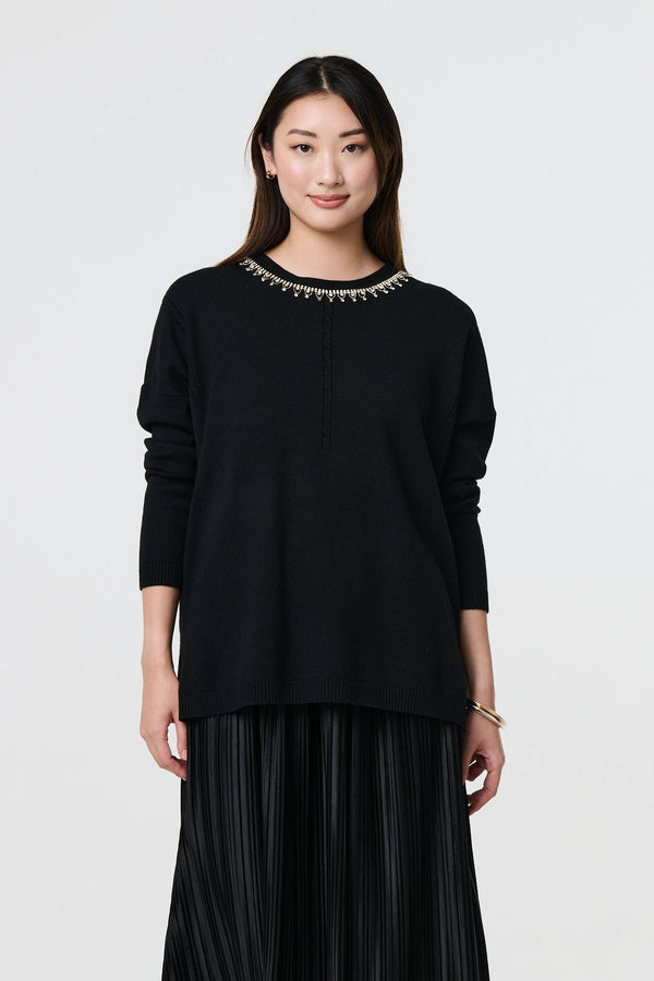 Black | Embellished Neck Relaxed Jumper : Model is 5'9"/175 cm and wears UK8/EU36/US4/AUS8