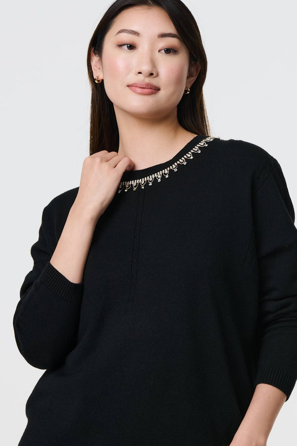 Black | Embellished Neck Relaxed Jumper
