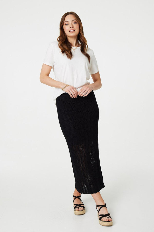 Black | High Waist Crochet Knit Midi Skirt