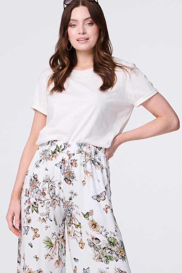 Beige | Butterfly Print High Rise Relaxed Trousers