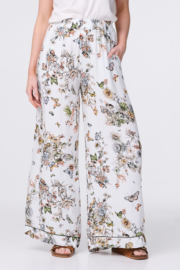 Beige | Butterfly Print High Rise Relaxed Trousers