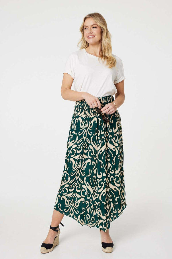 Green | Printed Shirred Waist Wide Leg Trousers