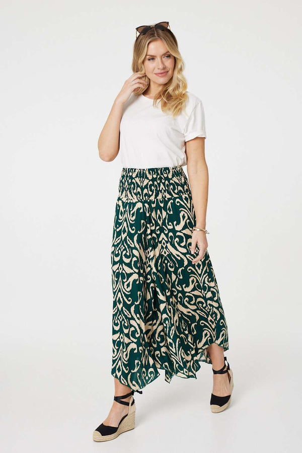 Green | Printed Shirred Waist Wide Leg Trousers