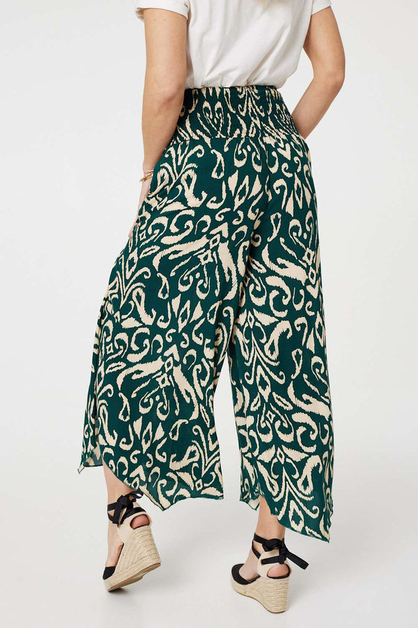 Green | Printed Shirred Waist Wide Leg Trousers