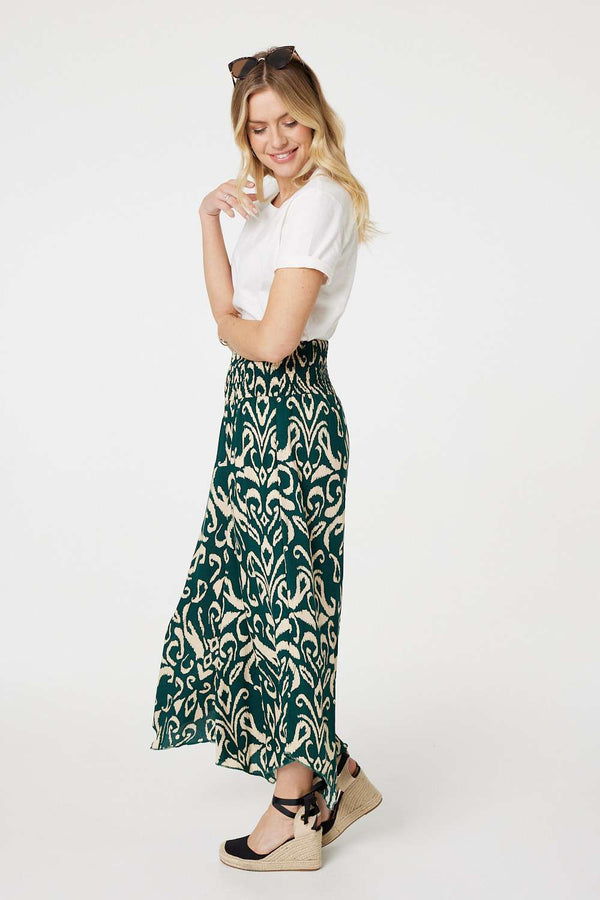 Green | Printed Shirred Waist Wide Leg Trousers