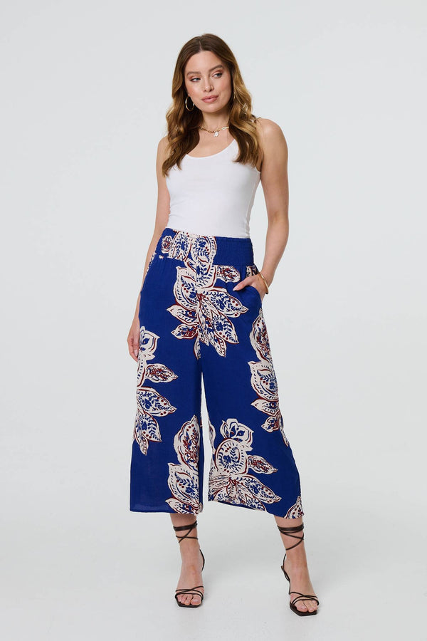 Blue | Leaf Print High Waist Wide Leg Trousers
