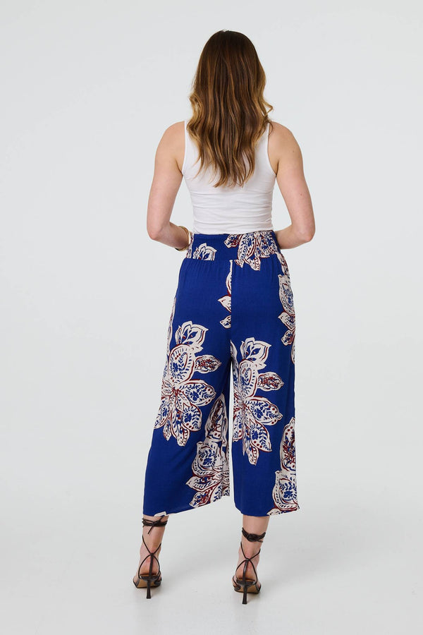 Blue | Leaf Print High Waist Wide Leg Trousers
