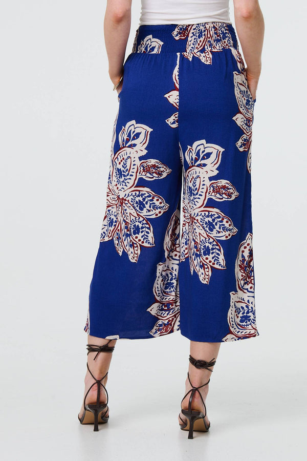 Blue | Leaf Print High Waist Wide Leg Trousers
