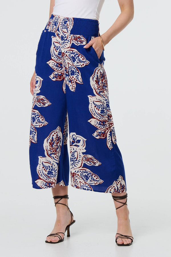 Blue | Leaf Print High Waist Wide Leg Trousers
