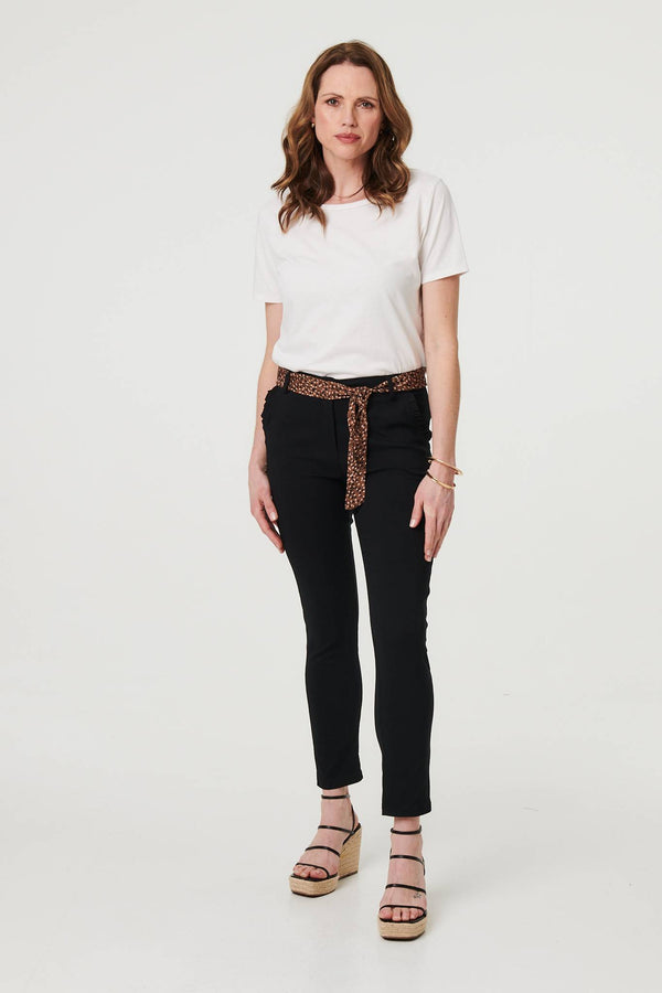 Black | Mid Rise Straight Trousers with Belt
