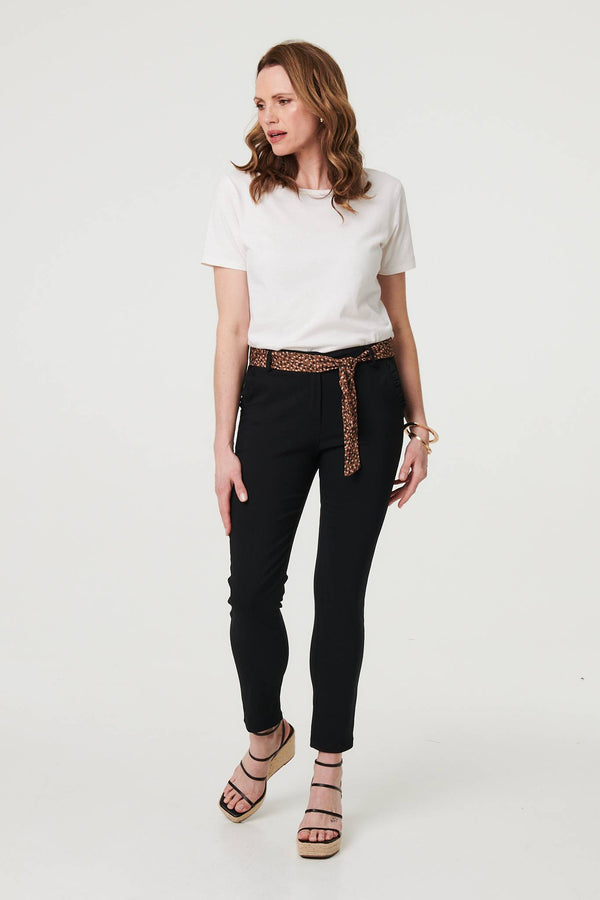 Black | Mid Rise Straight Trousers with Belt
