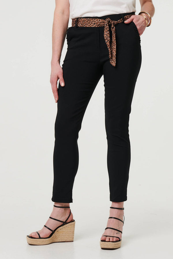 Black | Mid Rise Straight Trousers with Belt
