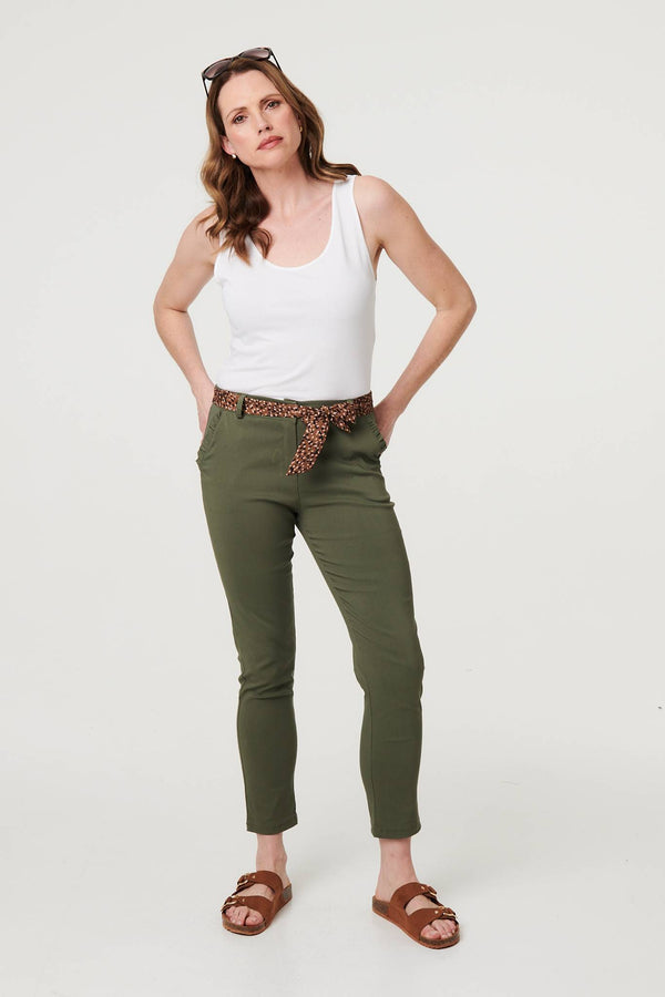 Khaki | Mid Rise Straight Trousers with Belt
