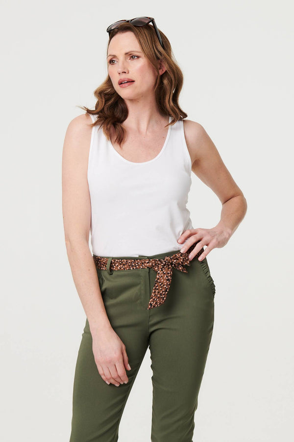 Khaki | Mid Rise Straight Trousers with Belt
