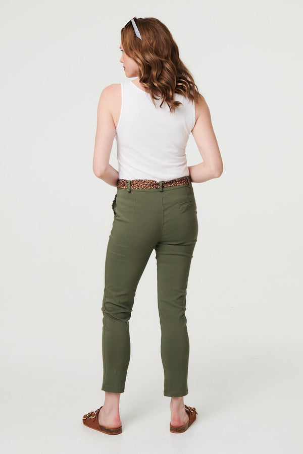 Khaki | Mid Rise Straight Trousers with Belt
