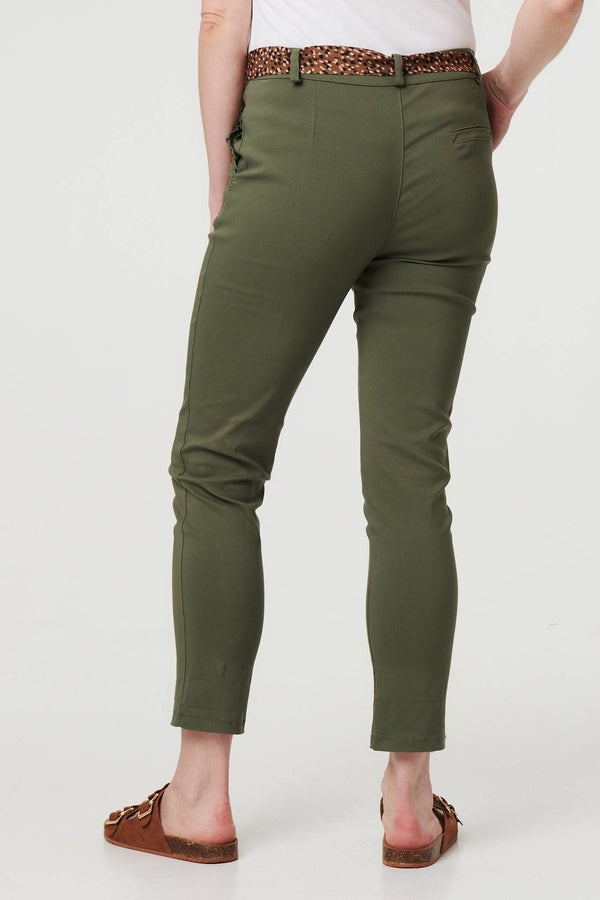 Khaki | Mid Rise Straight Trousers with Belt
