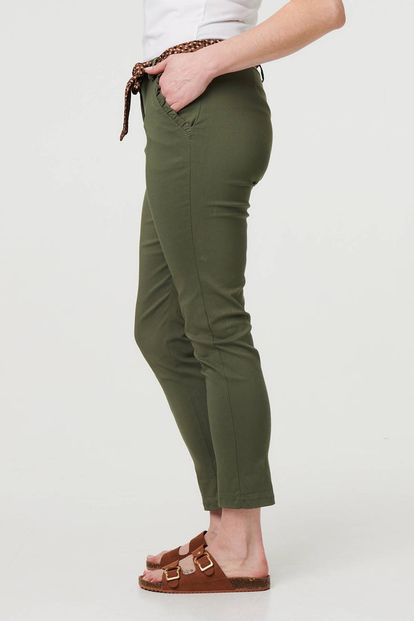 Khaki | Mid Rise Straight Trousers with Belt
