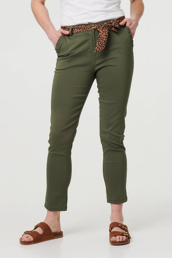 Khaki | Mid Rise Straight Trousers with Belt
