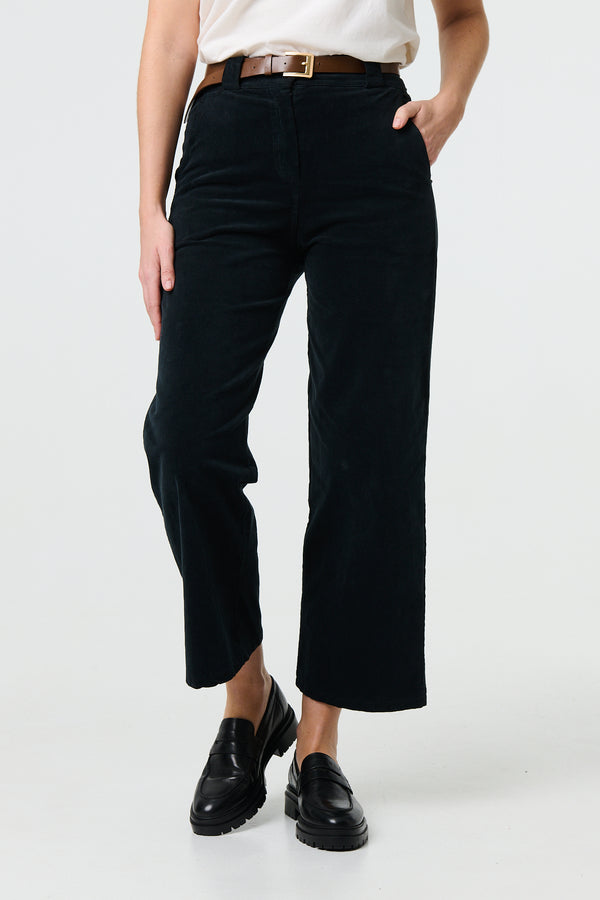 Black | Faux Leather Belt Corduroy Trousers