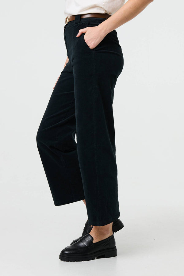 Black | Faux Leather Belt Corduroy Trousers