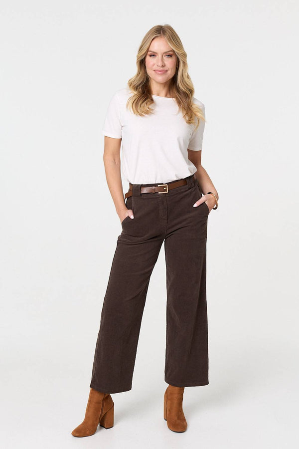 Brown | Faux Leather Belt Corduroy Trousers
