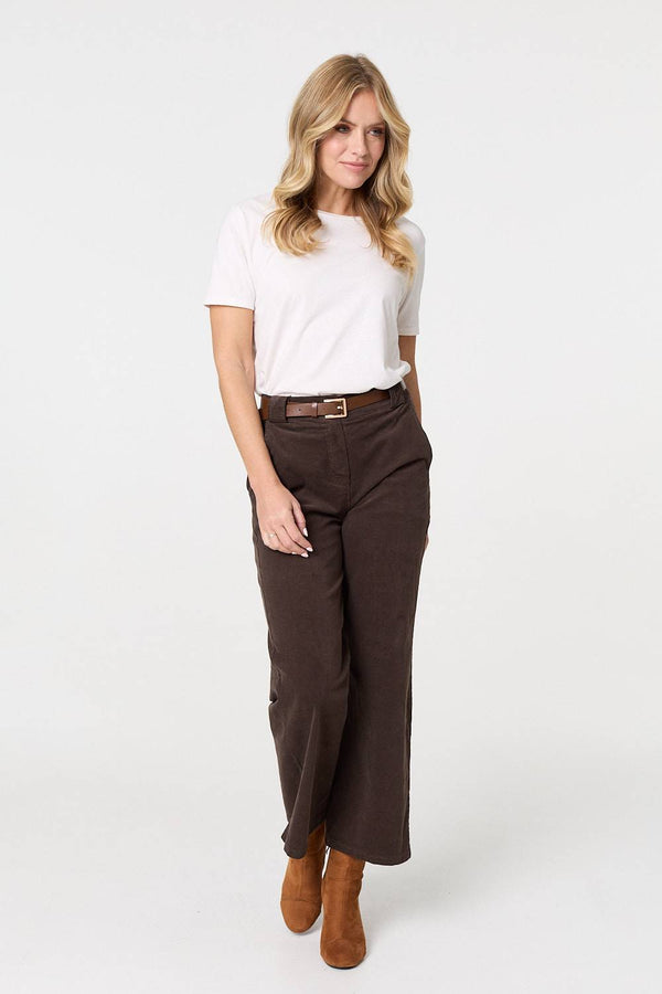 Brown | Faux Leather Belt Corduroy Trousers
