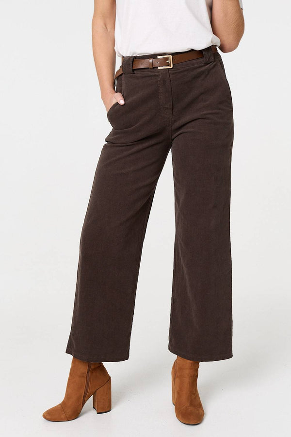 Brown | Faux Leather Belt Corduroy Trousers
