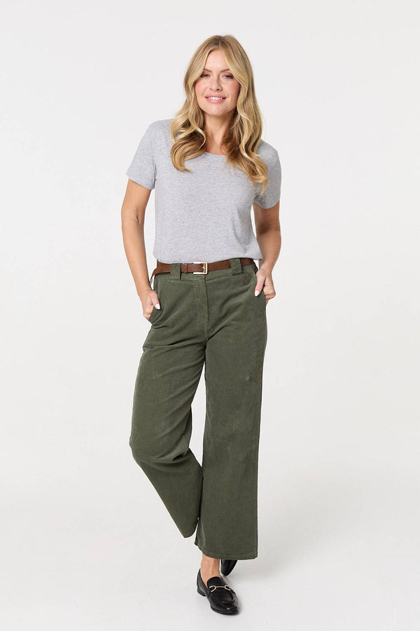 Green | Faux Leather Belt Corduroy Trousers
