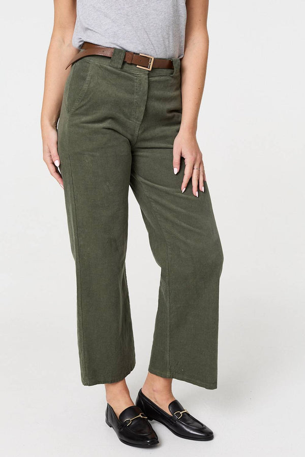 Green | Faux Leather Belt Corduroy Trousers