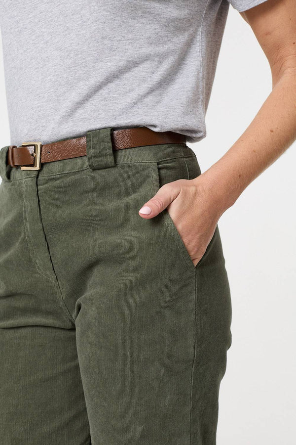 Green | Faux Leather Belt Corduroy Trousers