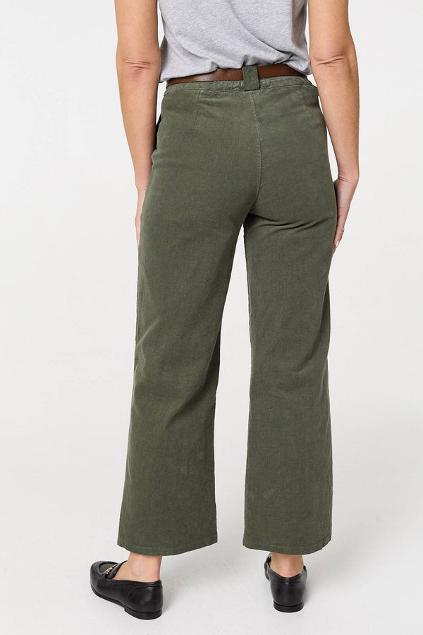 Green | Faux Leather Belt Corduroy Trousers