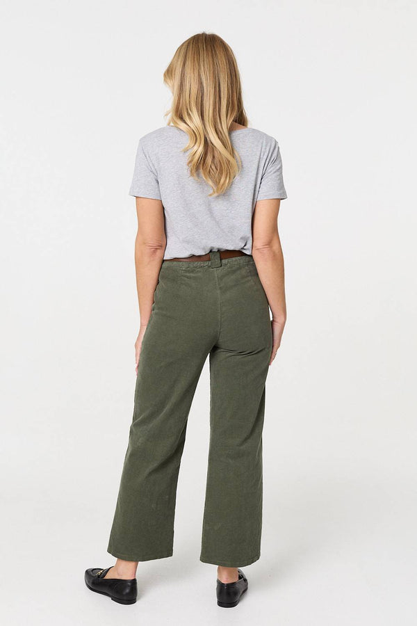 Green | Faux Leather Belt Corduroy Trousers