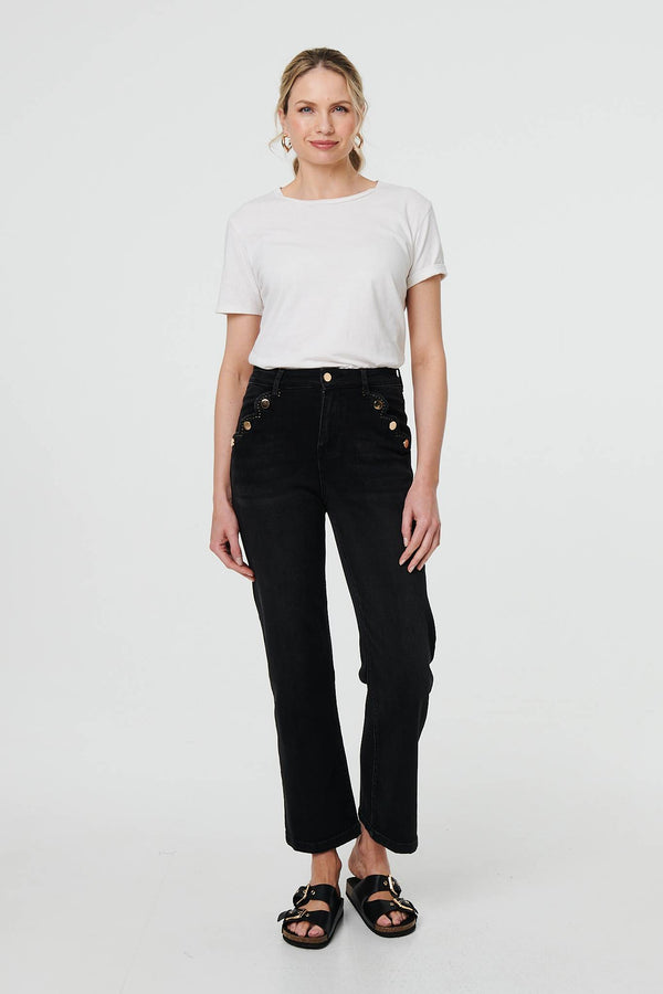 Black | Mid Rise Scalloped Pocket Jeans
