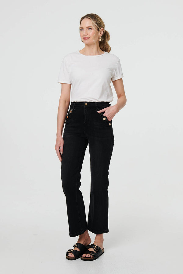 Black | Mid Rise Scalloped Pocket Jeans
