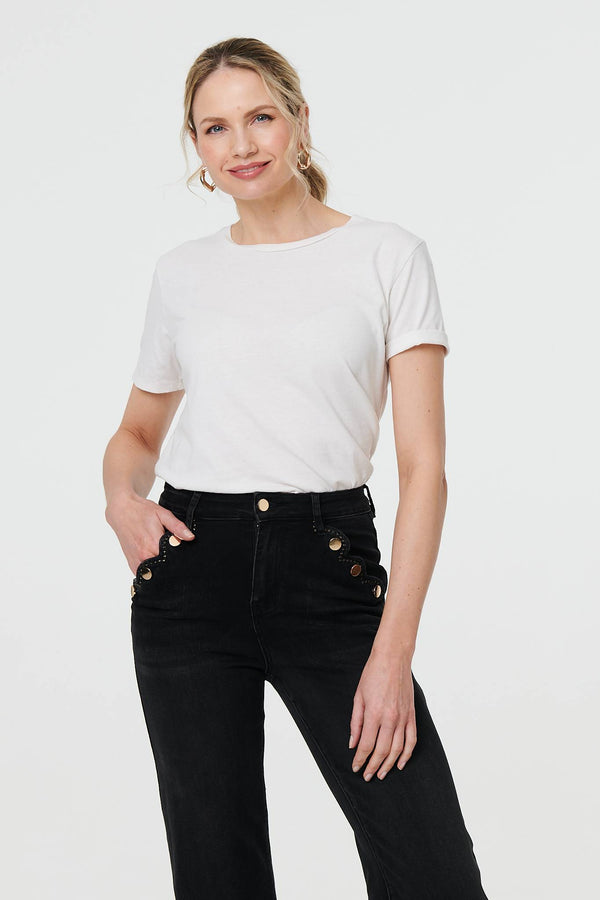 Black | Mid Rise Scalloped Pocket Jeans
