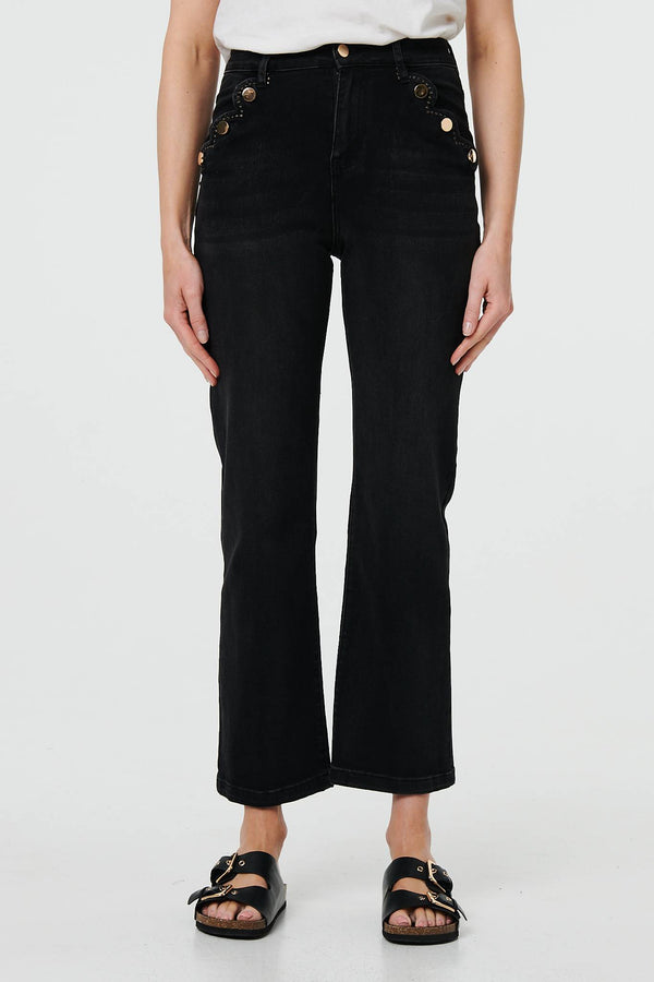 Black | Mid Rise Scalloped Pocket Jeans
